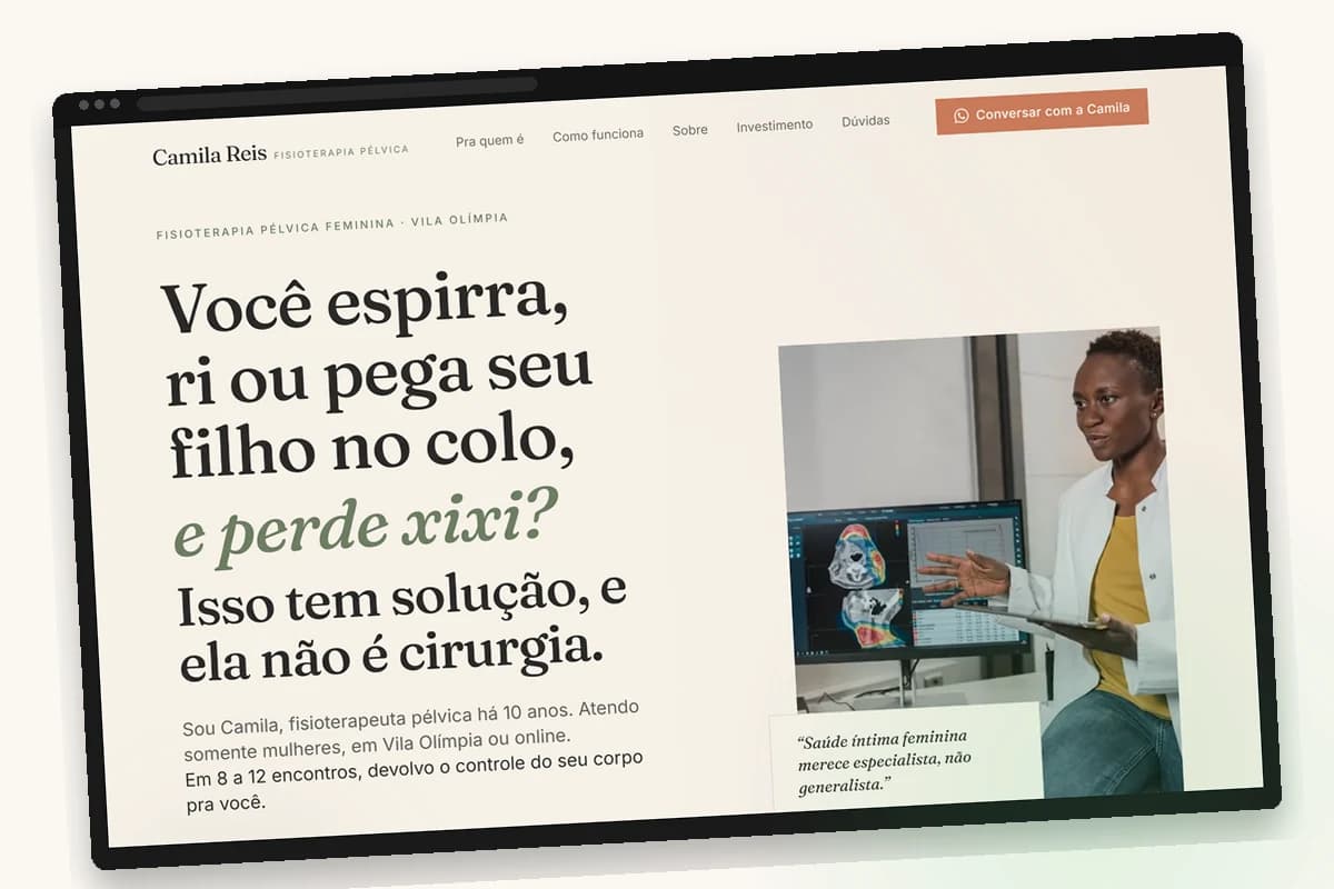 Exemplo de site Alive: Dra. Camila Reis, fisioterapeuta pélvica, em estilo editorial